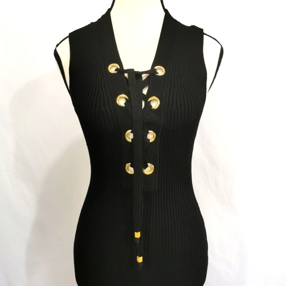 NWOT Michael Kors Ribbed Sleeveless Lace Up Sweater Dress in Black - Sz XS